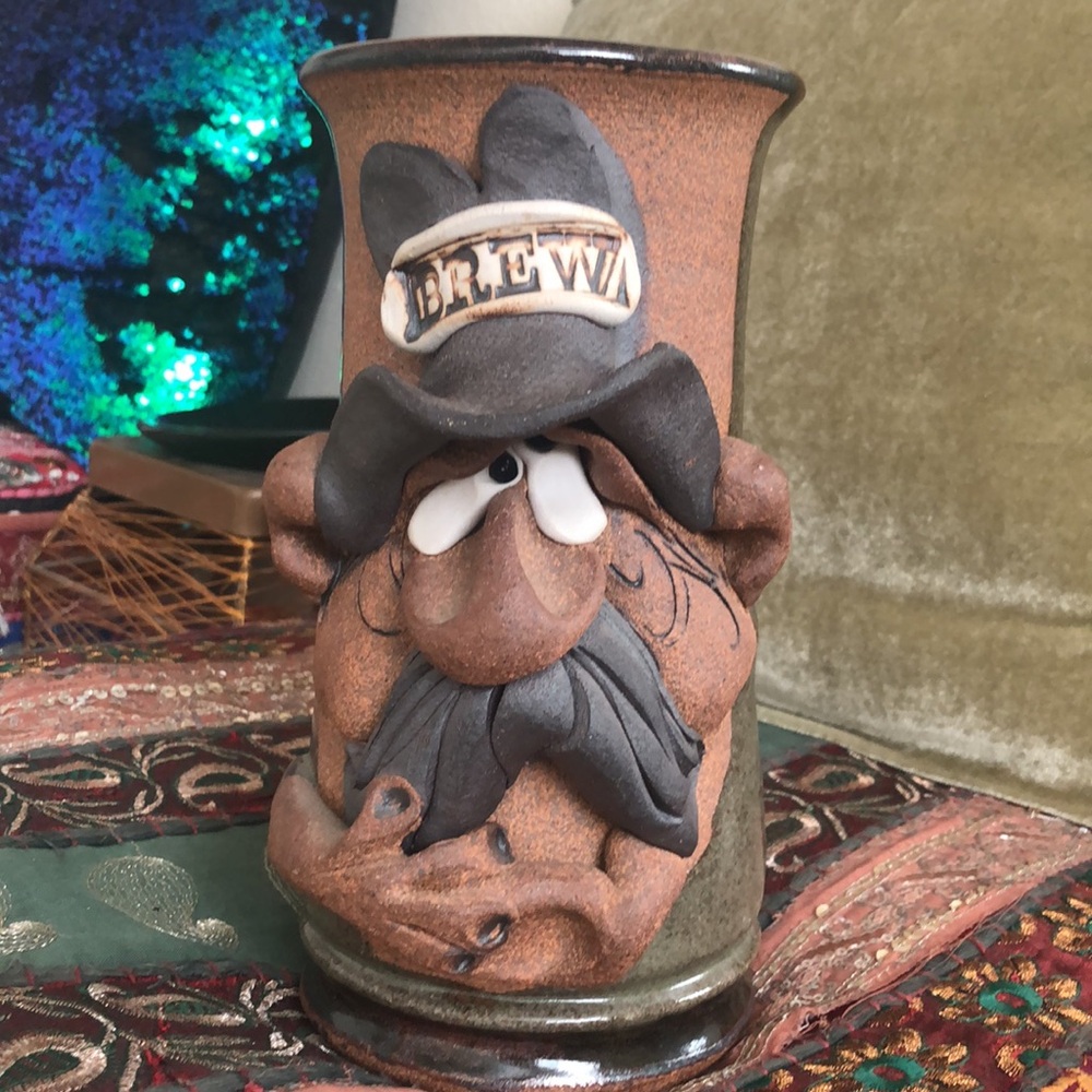 Handcrafted Brown Ceramic “Brew” Face Mug/vase. Rustic Home Art